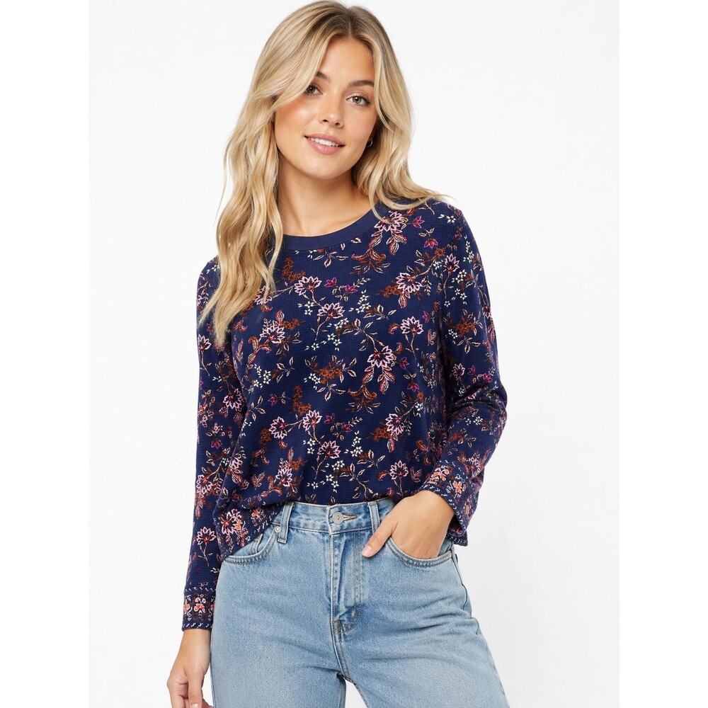 Sundance Thermal Waffle Weave Floral Top Size PXL Petite XL Blue Button Cuff